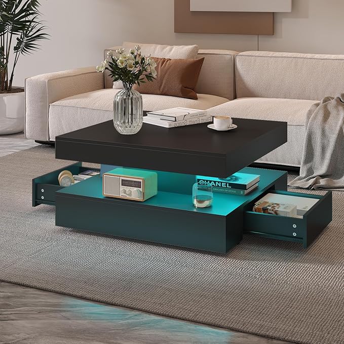 Black LED Coffee Table with 2 Storage Drawers for Living Room Square Center Middle Table Modern Cocktail Table with Light 2-Tier Tea Tables Contemporary Mid Century Wood Home Office Waiting Room