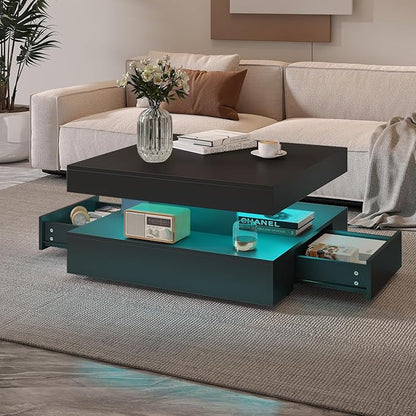 Black LED Coffee Table with 2 Storage Drawers for Living Room Square Center Middle Table Modern Cocktail Table with Light 2-Tier Tea Tables Contemporary Mid Century Wood Home Office Waiting Room