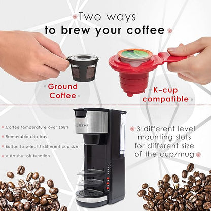 Mixpresso Black Single Serve Coffee Brewer K-Cup Pods Compatible & Ground, 30 oz Compact Coffee Maker Single Serve With 5 Brew Sizes Up To 14 Oz, Fits Travel Mug, Adjustable Drip Tray