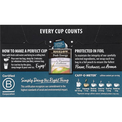 Bigelow Tea Peak Energy plus extra L-Theanine & Caffeine, 18 Count (Pack of 6), 108 Total Tea Bags