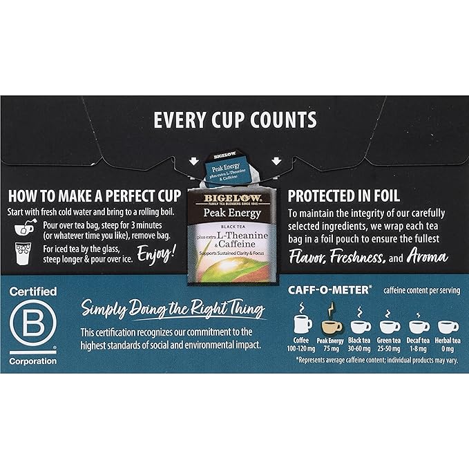 Bigelow Tea Peak Energy plus extra L-Theanine & Caffeine, 18 Count (Pack of 6), 108 Total Tea Bags