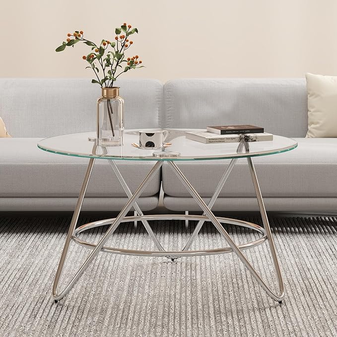 OIOG Glass Coffee Table, Round Coffee Table Living Room, Modern Coffee Table with Tempered Glass Tabletop and Chrome Frame, Silver