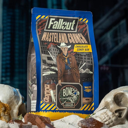 Bones Coffee Company Fallout Wasteland Crunch,Chocolate Candy Bar Flavored Coffee, Medium Roast Low Acid Arabica Beans Compatible with Auto drip and French Press Coffee Maker, 12 Oz Whole Bean