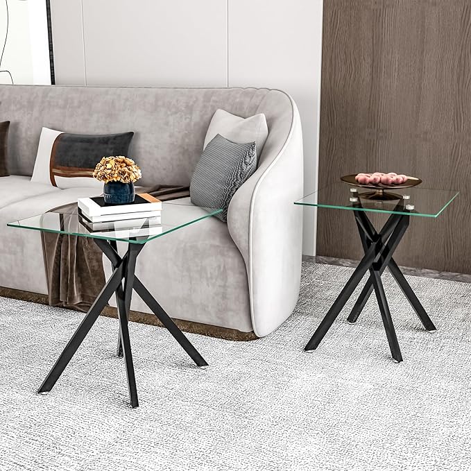 Black Glass Coffee Table Set of 3 Modern End Table Living Room Side Table, Geometric Metal Legs 47.2 Inch Clear Rectangle Center Cocktail Tables, Black