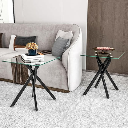 Black Glass Coffee Table Set of 3 Modern End Table Living Room Side Table, Geometric Metal Legs 47.2 Inch Clear Rectangle Center Cocktail Tables, Black