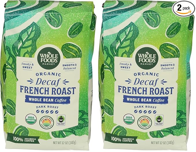 WHOLE FOODS MARKET Organic Whole Bean Decaf French Roast Coffee, 12 OZ (Pack of 2)