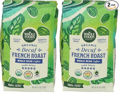 WHOLE FOODS MARKET Organic Whole Bean Decaf French Roast Coffee, 12 OZ (Pack of 2)
