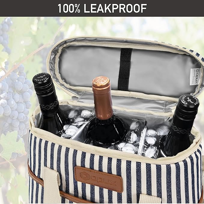 OPUX 3 Bottle Wine Carrier Tote, Insulated Leakproof Wine Cooler Bag, Wine Travel Bag Tote for Picnic BYOB Beach, Portable Wine Bottle Carrying Case, Gift for Wine Lover Women Men Christmas, Stripe