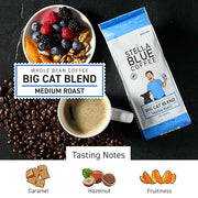 Stella Blue Whole Bean Coffee, Big Cat Blend, Medium Roast Caramel Hazelnut, Fruity Notes 100% Arabica Beans, Ethically Sourced from Central and South America, Smooth Balanced, 12oz Bag