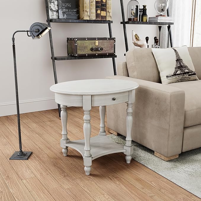 Solid Wood Oval End Table with Drawer and Storage Shelf, 28" Traditional Retro Side Table Polished Edging Sofa Table Bedside Nightstand for Living Room Bedroom Home, Antique White
