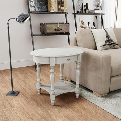 Solid Wood Oval End Table with Drawer and Storage Shelf, 28" Traditional Retro Side Table Polished Edging Sofa Table Bedside Nightstand for Living Room Bedroom Home, Antique White