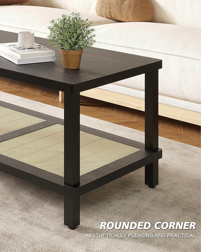 Rattan Coffee Table for Living Room,2-Tier Wooden Center Table with Hand Made Rattan Decorated,39.3 Inch Living Room Tbale with Rounded Corners,Boho Coffee Table,Easy Assembly Black LCT55BK