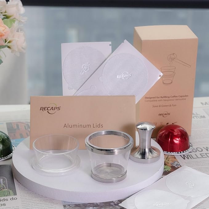 RECAPS Filling Tool Holder Tamper Kit Compatible with Vertuoline Coffee Pods Refill Vertuo Pods Reusable Refillable Coffee Filter(1 Tamper and 1 Holder and 30 Aluminum Foil Lids)