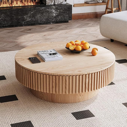 39 Inch Round Drum Coffee Table with Storage, Modern Handcraft Fluted Drum Coffee Table, Wooden Round Cocktail Tea Table Center Table with Sturdy Pedestal for Living Room Apartment (Natural)