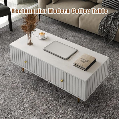 Modern Coffee Table with Storage with 2 Big Drawers, White Rectangle Coffee Table for Living Room, Wooden Fluted Table Accent Tea Table for Living Room Apartment Small Space