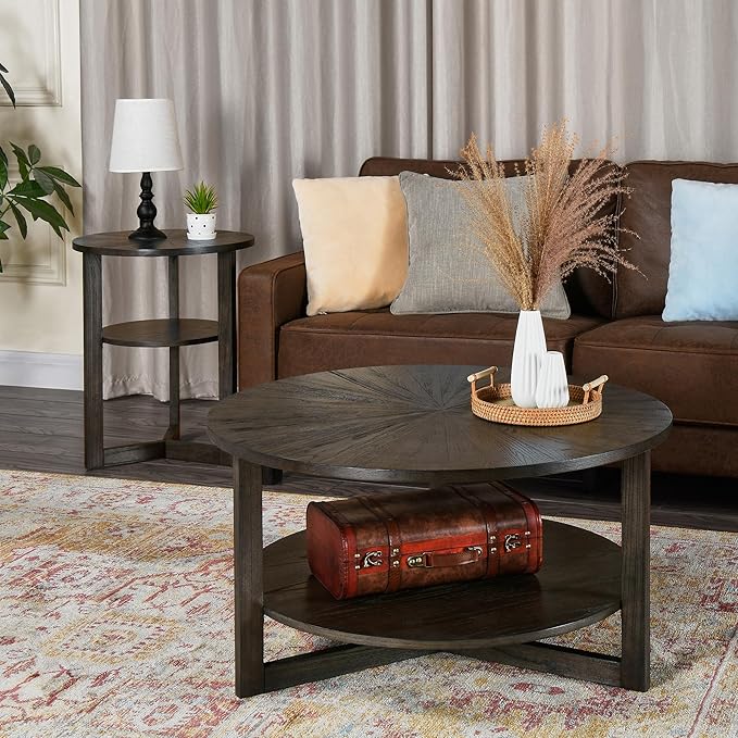 PADMA HOUSE 33.5" Round Wood Coffee Table, 2-Tier Solid Wood Rounded Circle Accent Coffee Table Center Cocktail Table Vintage Furniture for Home Living Room Bedroom,Black Brown 3338BK