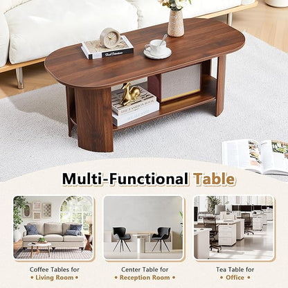 43.3” Oval Coffee Tables for Living Room, Wood Farmhouse Coffee Table with Storage, 2-Tier Center Table with Storage Shelf Low Tea Table for Small Space, Home, Office (Walnut)