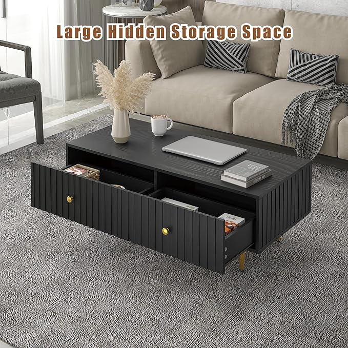 Modern Coffee Table with Storage with 2 Big Drawers, Black Rectangle Coffee Table for Living Room, Wooden Fluted Table Accent Tea Table for Living Room Apartment Small Space