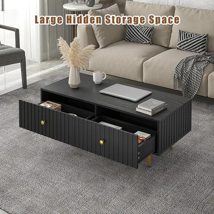 Modern Coffee Table with Storage with 2 Big Drawers, Black Rectangle Coffee Table for Living Room, Wooden Fluted Table Accent Tea Table for Living Room Apartment Small Space