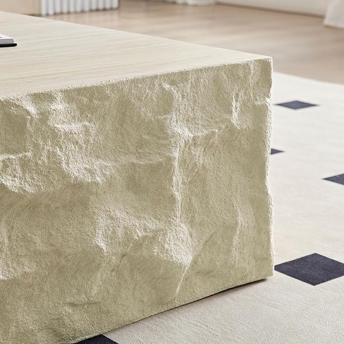 Faux Rock Coffee Table,Drum Coffee Table Fiberglass Square Tea Table for Living Room, Accent Imitation Stone Central Table No Need Assembly, Beige White