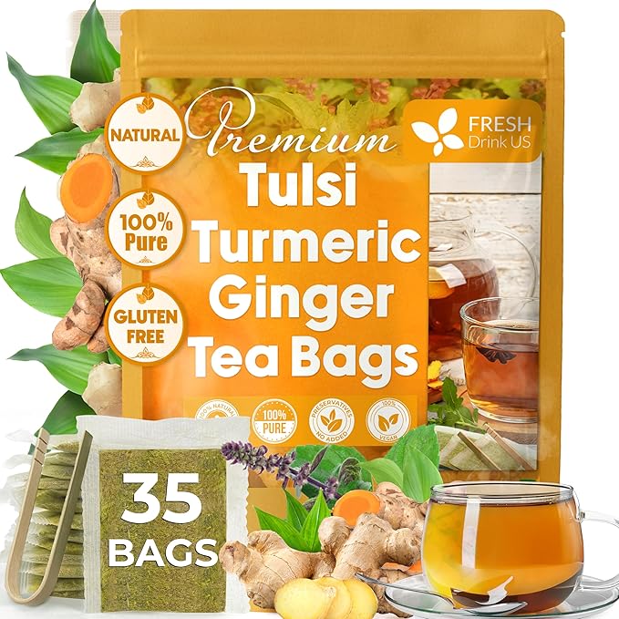 FreshDrinkUS, Premium 35 Tulsi Turmeric Ginger Tea Bags, 100% Natural & Pure from Tulsi Holy Basil Leaves, Turmeric and Ginger. Made with Natural Material Tea Bags. No Sugar, No Caffeine, Vegan.