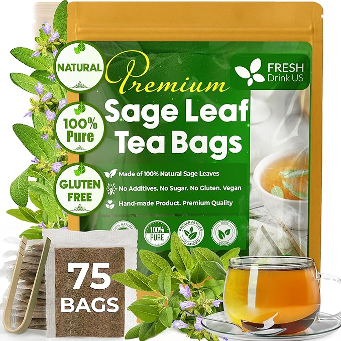 FreshDrinkUS, Premium 75 Sage Leaf Tea Bags, 100% Natural & Pure from Sage Leaves. Loose Leaf Herbal Tea. Made with Natural Material Tea Bags. No Sugar, No Caffeine, No Gluten, Vegan.