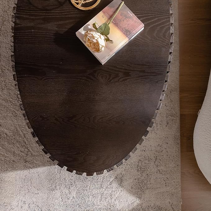 43.31" Oval Drum Coffee Table, Modern Handcraft Fluted Drum Center Table, Wooden Oval Coffee Table Center Table with Sturdy Pedestal for Living Room Apartment (Walnut+Black)