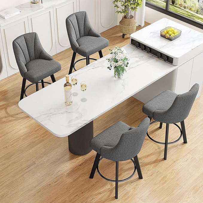 Swivel Bar Stools, 24" Counter Height Bar Stools Set of 3, Fabric Upholstered Counter Barstools with Solid Wood Legs for Kitchen Island, Home Bar, Dark Gray