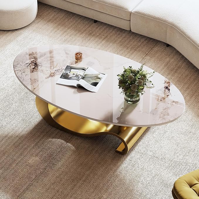 Marble Grain Coffee Table with Gold Stainless Steel Pedestal,Modern Coffee Tables,Oval Living Room Table with Faux Marble Top & Luxury Legs,Sintered Stone Cocktail Center Table,49.2 inch