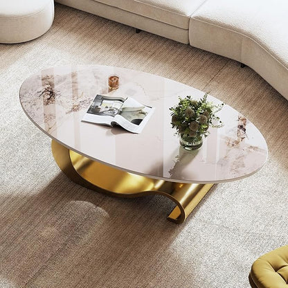 Marble Grain Coffee Table with Gold Stainless Steel Pedestal,Modern Coffee Tables,Oval Living Room Table with Faux Marble Top & Luxury Legs,Sintered Stone Cocktail Center Table,49.2 inch