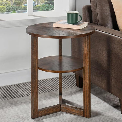 PADMA HOUSE 19.3" Round Wood End Table, 2-Tier Solid Wood Rounded Accent Side Table Circle Nightstand Table with Storage Shelf Vintage Furniture for Home Living Room Bedroom,Rustic Brown 3338NC