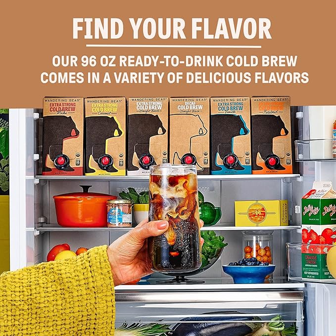 Wandering Bear Decaf Cold Brew Coffee On Tap, 96 fl oz - Bold, Smooth, Unsweetened, Shelf-Stable, Ready to Drink, Iced Cold Brewed Coffee Drinks - Gluten Free & Vegan Decaf