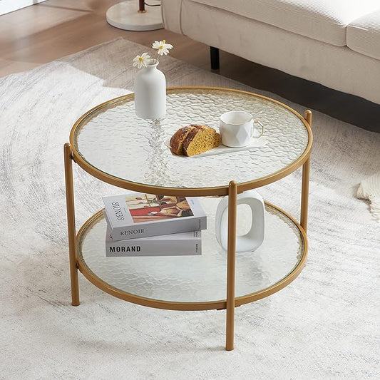 VINGLI 25.6" Small Matte Gold Round Coffee Table Water-Wave Glass Circle Clear Coffee Table, Center Table with 2-Tier Modern Storage Design for Living Room, Bedroom, Meeting Room, Balcony, Patio