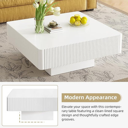 Square Coffee Table for Living Room, Accent Fluted Coffee Table with Storage, Modern Solid Wood Veneered Large Center Tea Table for Small Space Apartment (31.6''D×14''H-White)