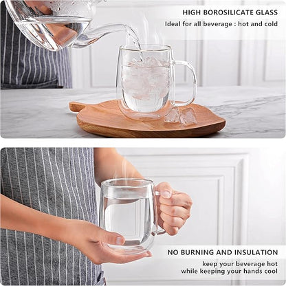 CNGLASS Large Double Wall Glass Coffee Mug 15.2oz,Clear Insulated Glass Espresso Cup with Big Handle,set of 2