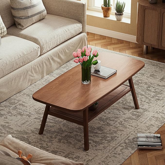 2-Tier Solid Oak Wood Coffee Table - Practical Center Table with Double Storage for Small Apartments, Living Rooms, Bedrooms, and Offices (Walnut, 39.37" D x 19.69" W x 17.32" H)