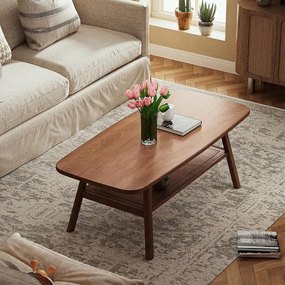 2-Tier Solid Oak Wood Coffee Table - Practical Center Table with Double Storage for Small Apartments, Living Rooms, Bedrooms, and Offices (Walnut, 39.37" D x 19.69" W x 17.32" H)