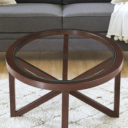Glass Coffee Table Modern Simple Oval Transparent Tempered Glass Top and Wood Base, Office Terrace Study Accent Coffee Table Center Table, Cherry