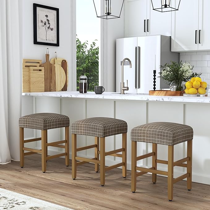 HomePop Home Decor |Classic Open-Back Counter Height Barstool| Square 24 Inch Bar Stools with Domed Cushion, Brown Window Pane Print