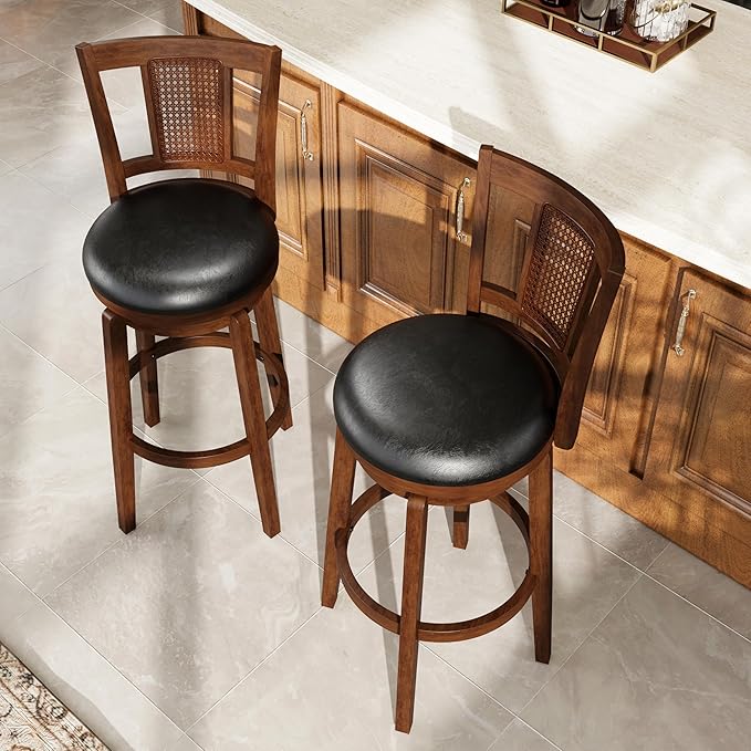 PHI VILLA 30 inch Bar Height Stools Set of 2,Swivel Wooden Barstools Tall Upholstered Faux Leather Barstool with Back,Vintage Bar Height Chairs,Kitchen Stools