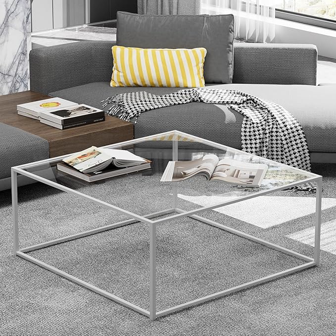 Glass Coffee Table Square Coffee Table for Small Space,Modern Minimalist Center Table for Living Room Home Office,Tempered Glass-top with Sturdy Metal Frame,Easy Assembly,27 x 27In, White