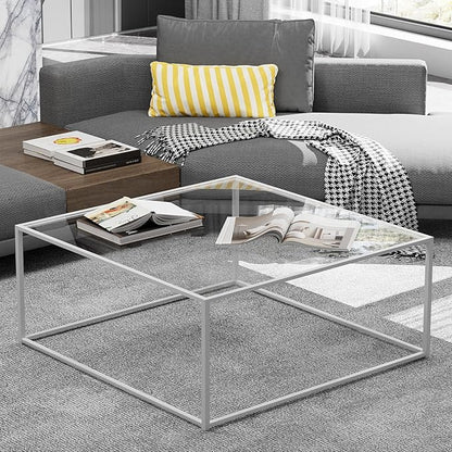 Glass Coffee Table Square Coffee Table for Small Space,Modern Minimalist Center Table for Living Room Home Office,Tempered Glass-top with Sturdy Metal Frame,Easy Assembly,27 x 27In, White