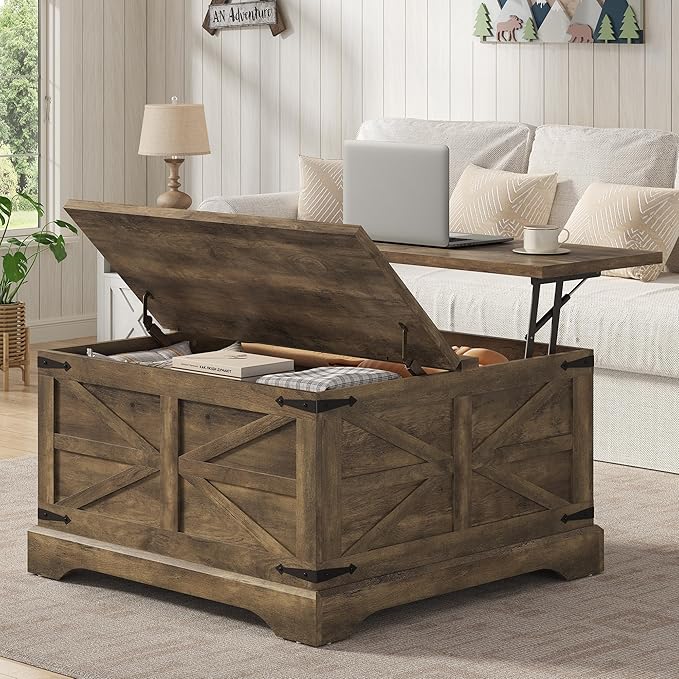 Furnideco 35.5''W Square Coffee Table Farmhouse Lift top Coffee Table with Large Hidden Storage, Wood Center Table for Living Room, Home Office, Brown