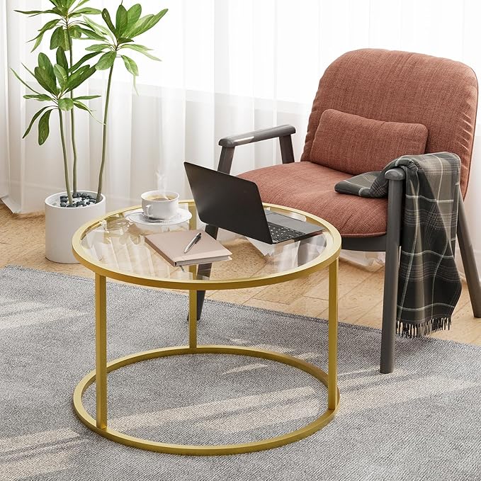 Round Glass Coffee Table,Small Living Room Table for Small Space,Modern Center Table with Glass Top Clear & Sturdy Metal Frame for for Living Room Home Office, Easy Assembly,27 x 27 x 17 Inch,Gold
