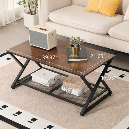 SENIG Coffee Table with Storage Shelf, Industrial Metal Wood Living Room Tables, Rectangle Center Table 39 Inch, Vintage Simple 2 Tier Cocktail Table, Brown