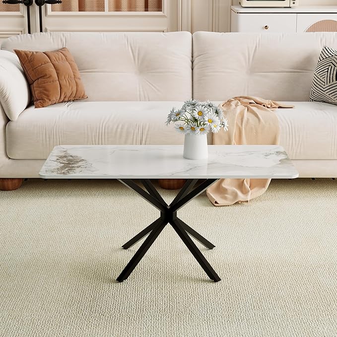 Faux Marble Coffee Table, Rectangle Modern Style Sintered Stone Living Room Table with Metal Legs for Home Office Living Room (White, 40" x 20" x 18")