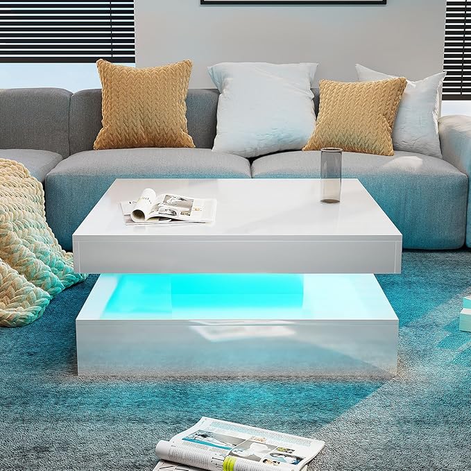 White LED Coffee Table for Living Room, 2-Tier Square Center Table Living Room Table, Modern High Glossy Contemporary Wood Coffee Tables with Storage, Suitable for Dining Reception