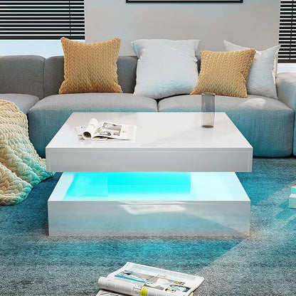 White LED Coffee Table for Living Room, 2-Tier Square Center Table Living Room Table, Modern High Glossy Contemporary Wood Coffee Tables with Storage, Suitable for Dining Reception