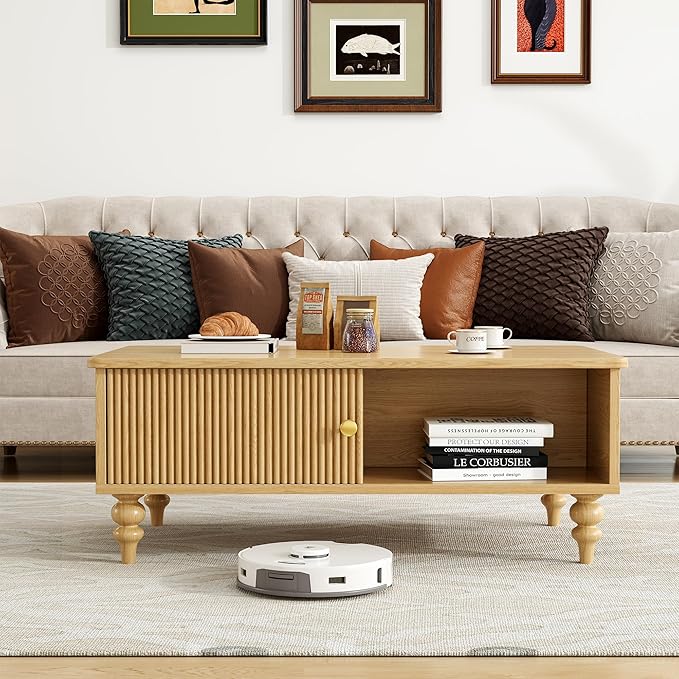 Mid-Century Modern Wooden Coffee Table with Storage, Slatted Door, Solid Wood Legs, Retro Coffee Table with Open Shelf for Home & Office & Lounge, Nature Oak