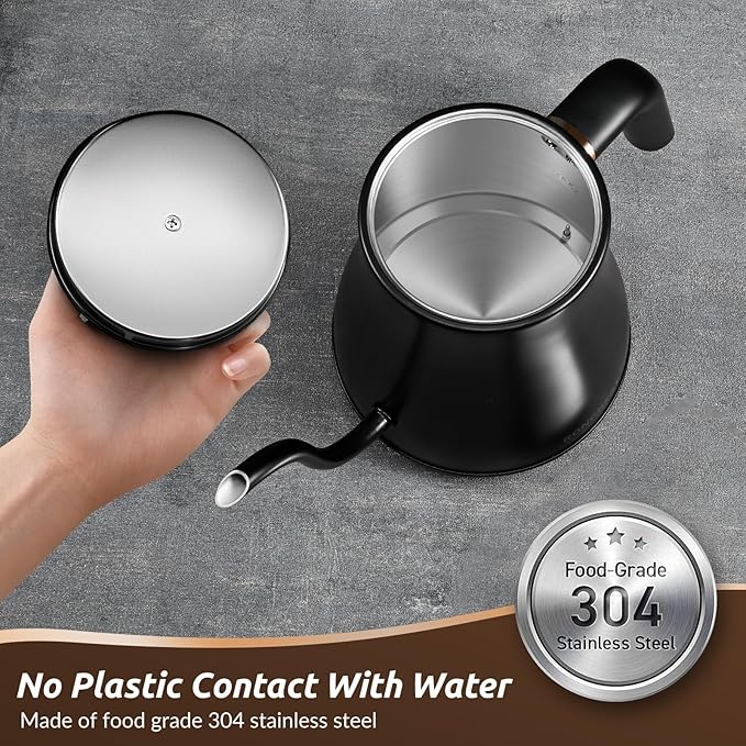 Electric Gooseneck Kettle, 1200W, 6 Temperature Settings, Stainless Steel Inner Lid & Bottom, 1L Quick Heating Pour Over Kettle for Coffee & Tea, Matte Black